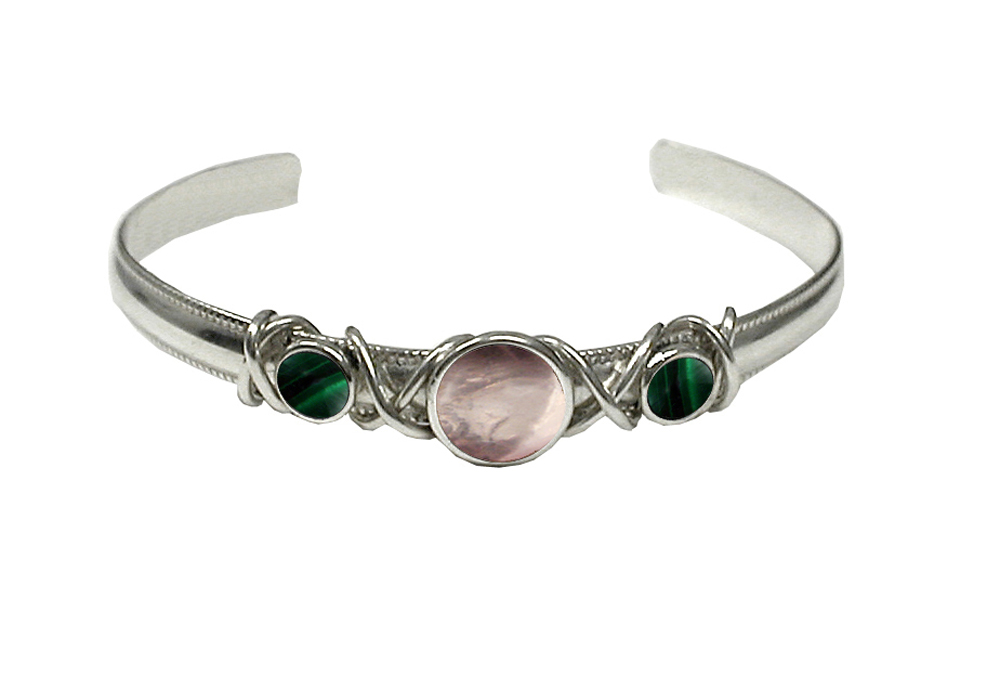 Sterling Silver Hand Made Cuff Bracelet With Rose Quartz And Malachite